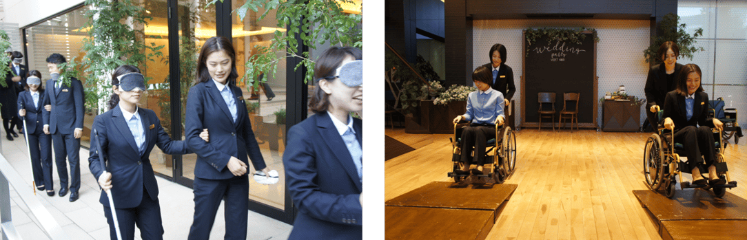  ≪視覚障害の実技研修で中庭を誘導する様子（左）と車いすの実技研修でスロープの上り下りを体験する様子（右）≫